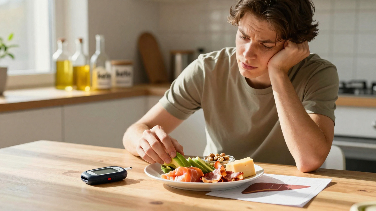 Jovem com aspeto preocupado sentado à mesa com placa de alimentos variados e aparelho de medição de glicemia.