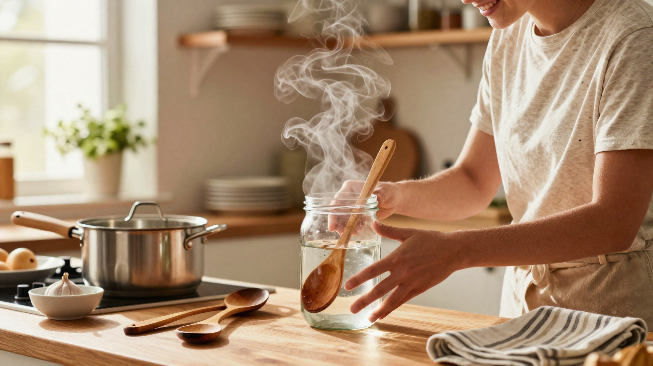 Pessoa a cozinhar numa cozinha moderna, mexendo com uma colher de pau num frasco onde sai vapor.