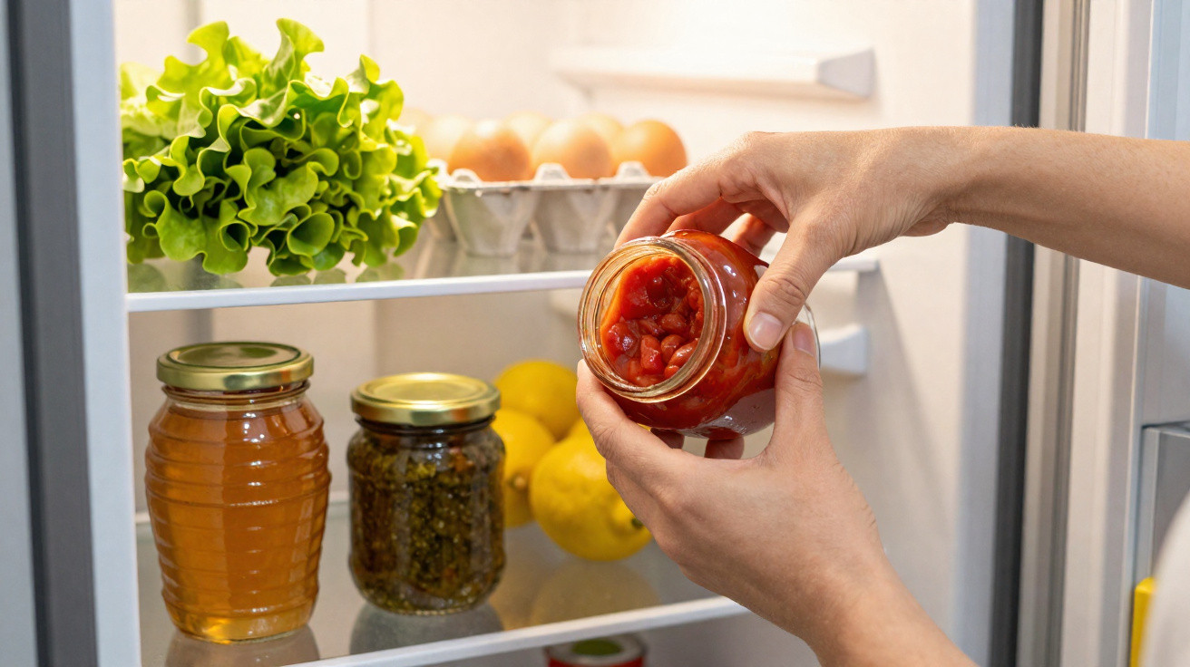 Mãos a abrir frasco com molho de tomate dentro de frigorífico com frutos, legumes e ovos.