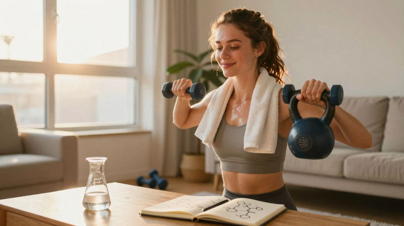 Mulher a fazer exercícios com halteres e kettlebell em sala iluminada, com toalha ao pescoço.