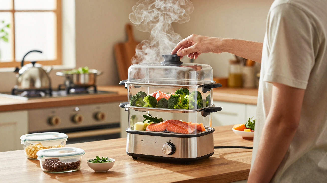 Pessoa a usar um vaporizador de alimentos com salmão e legumes frescos numa cozinha moderna.