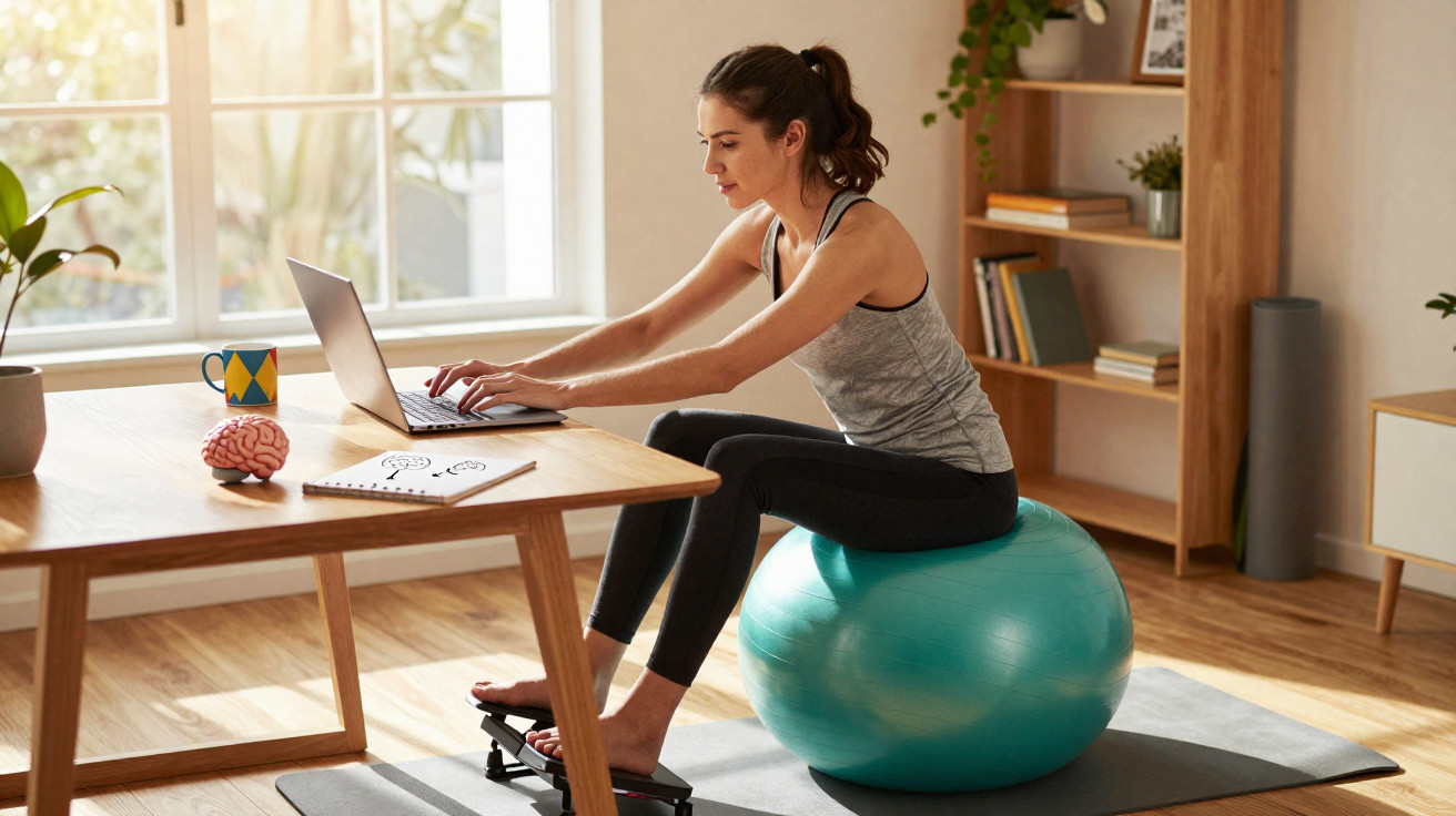 Mulher sentada numa bola de exercício a usar um computador portátil num espaço luminoso e acolhedor.