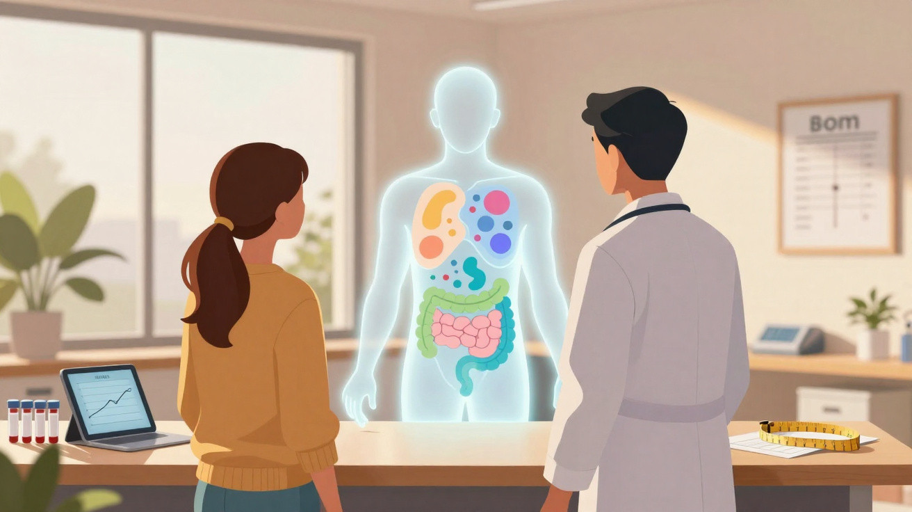 Paciente e médico analisam sistema digestivo em consulta num consultório moderno.