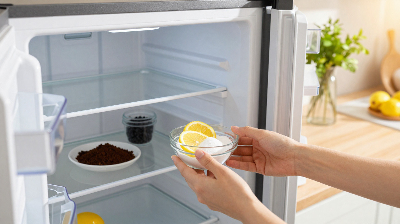 Mãos a colocar tigela com rodelas de limão e sal dentro de frigorífico aberto numa cozinha.