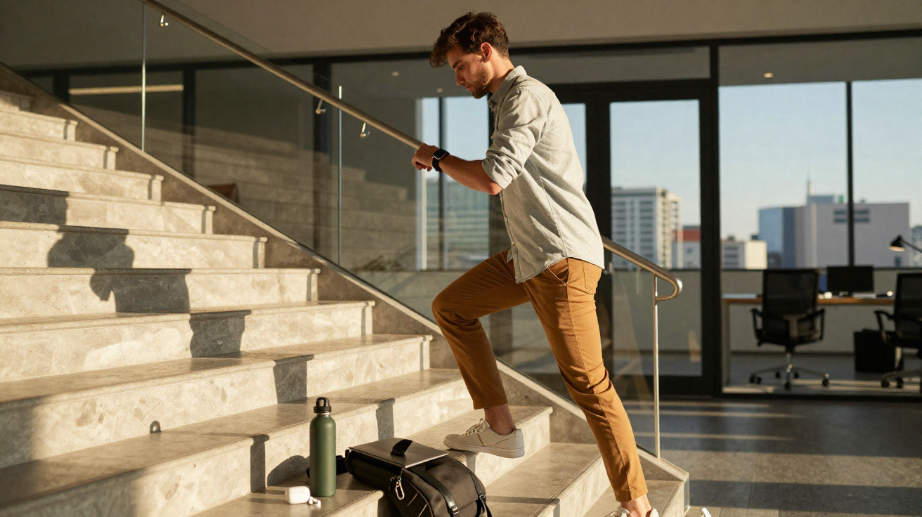 Homem vestido casual sobe escadas interiores ao lado de mochila e garrafa de água num escritório moderno.