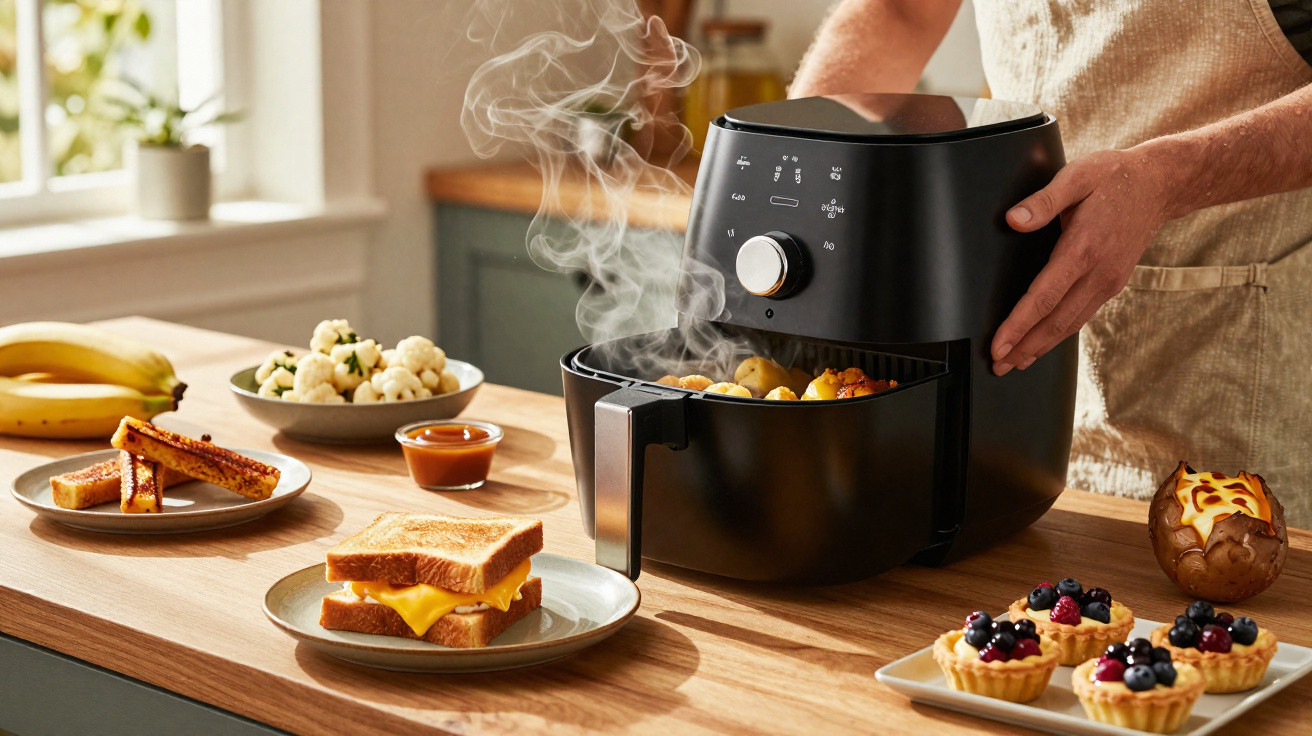 Pessoa a usar uma fritadeira elétrica preta com batatas a vapor na cozinha com vários pratos na bancada de madeira.