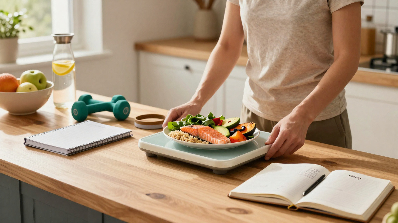 Pessoa a pesar refeição saudável numa balança de cozinha numa bancada com frutas, pesos e caderno aberto.