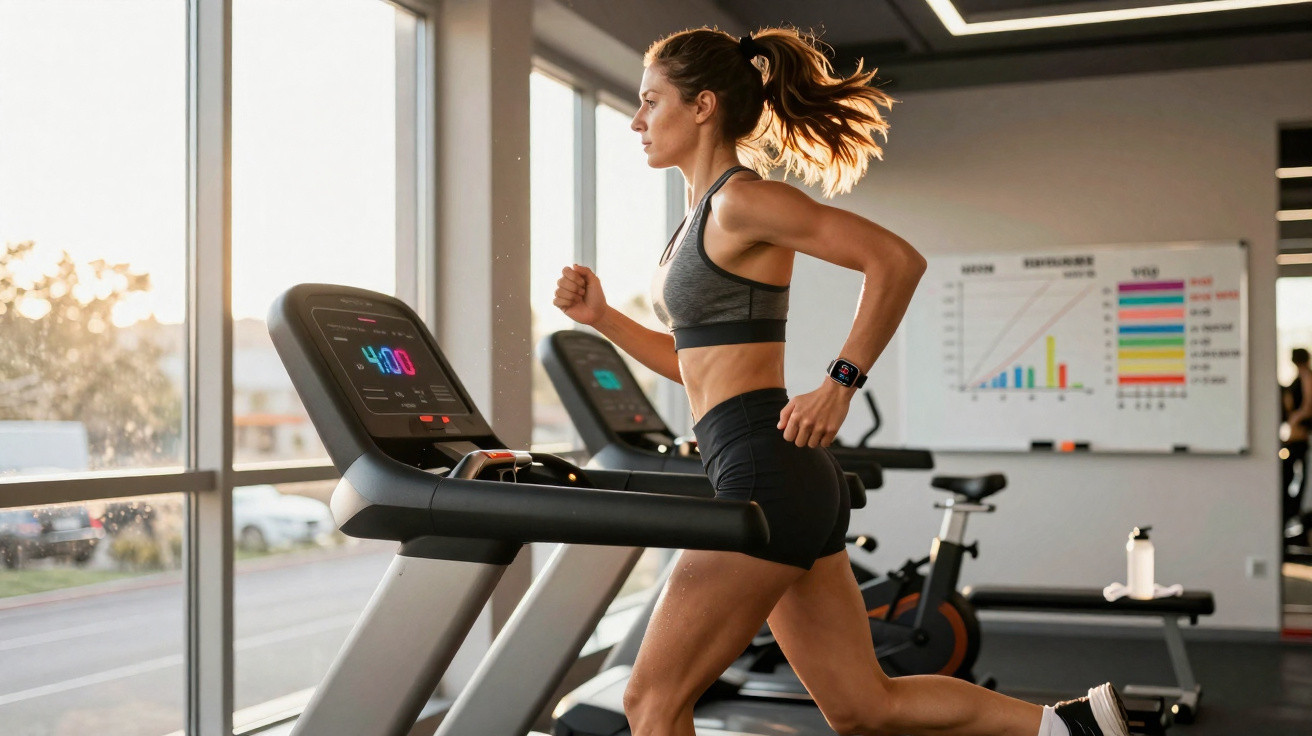 Mulher a correr na passadeira numa ginásio moderno com luz natural a entrar pela janela.
