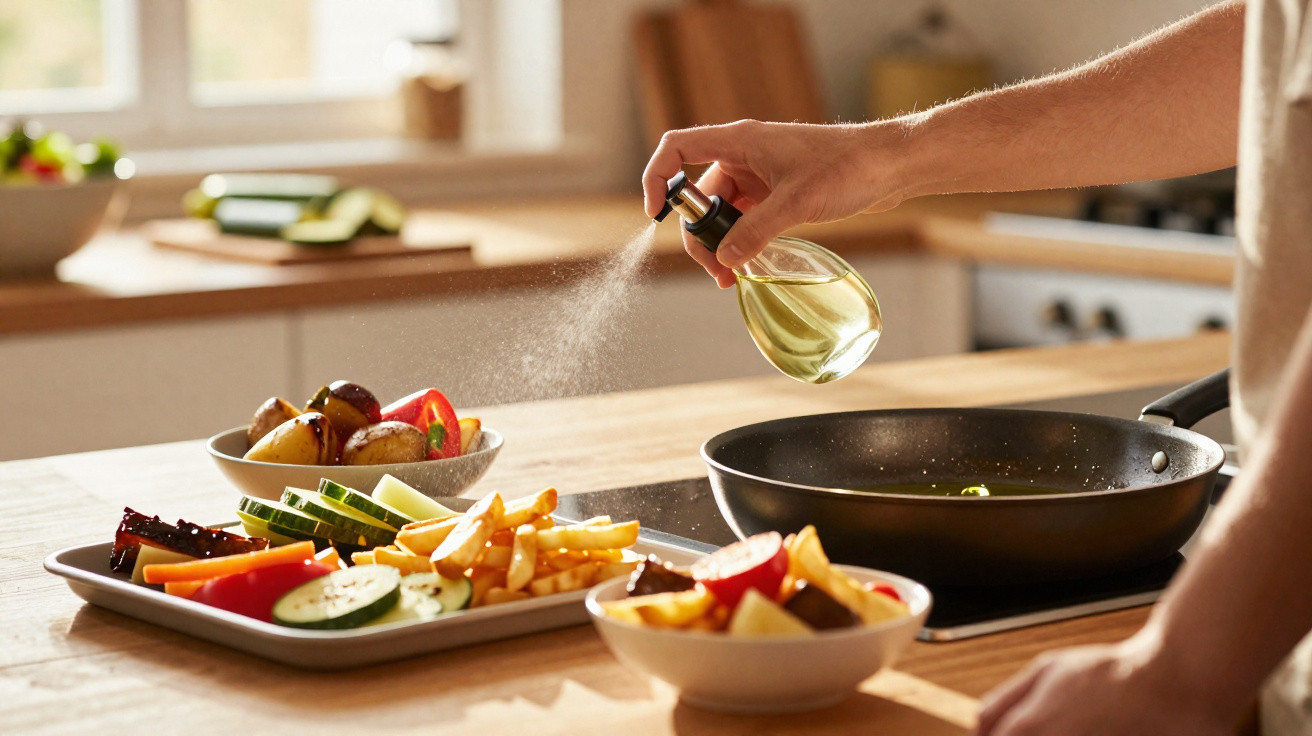 Pessoa a pulverizar óleo numa frigideira numa cozinha luminosa com pratos de legumes e batatas.