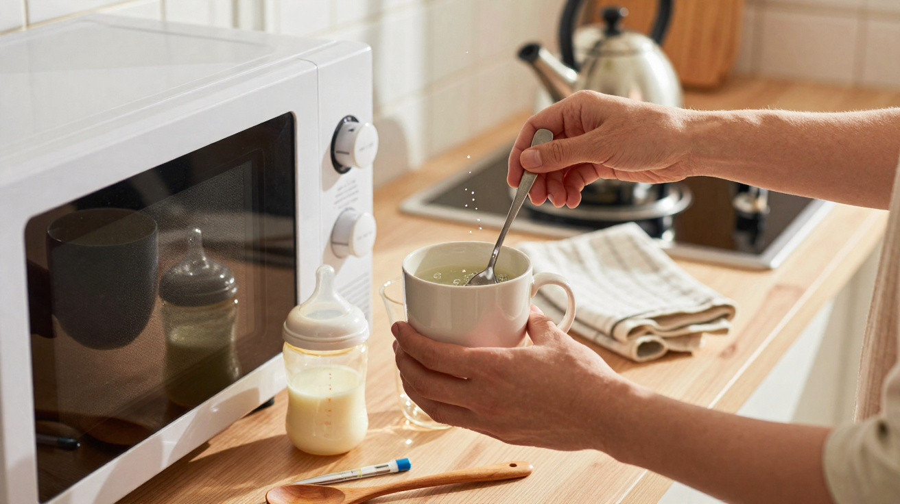 Pessoa a mexer chá numa chávena numa cozinha com biberão, micro-ondas e termómetro na bancada.