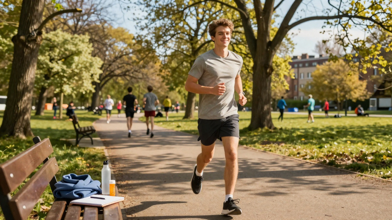 Jovem a correr num parque com outras pessoas a caminhar e árvores com folhas amarelas ao fundo.