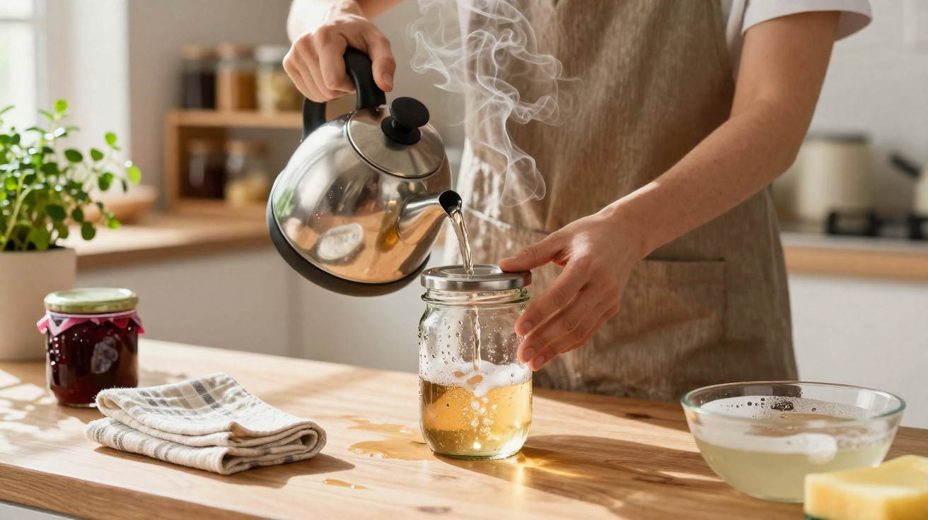 Pessoa a preparar chá quente numa jarra de vidro numa cozinha iluminada.