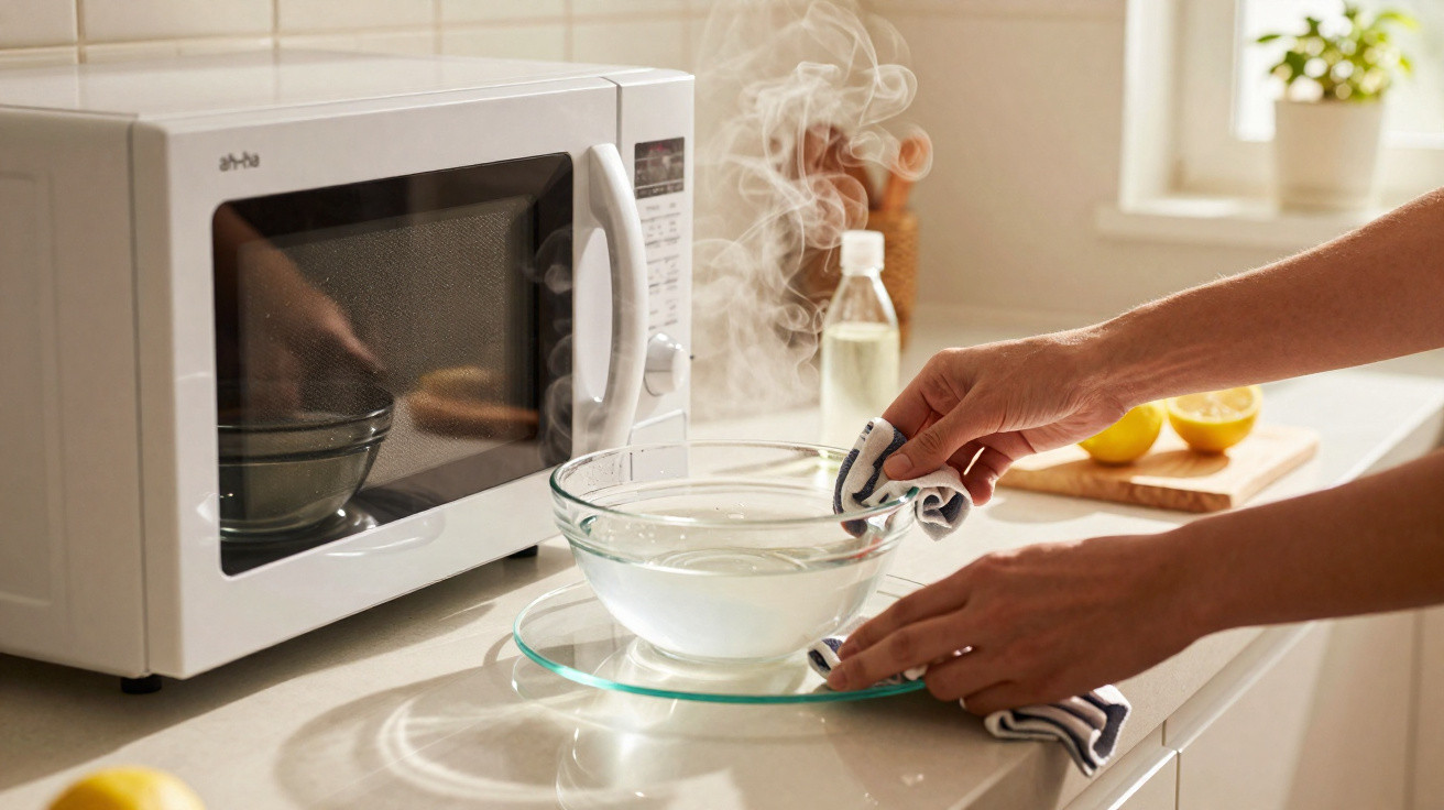 Mãos a retirar tigela com água quente e vapor do micro-ondas numa cozinha iluminada.