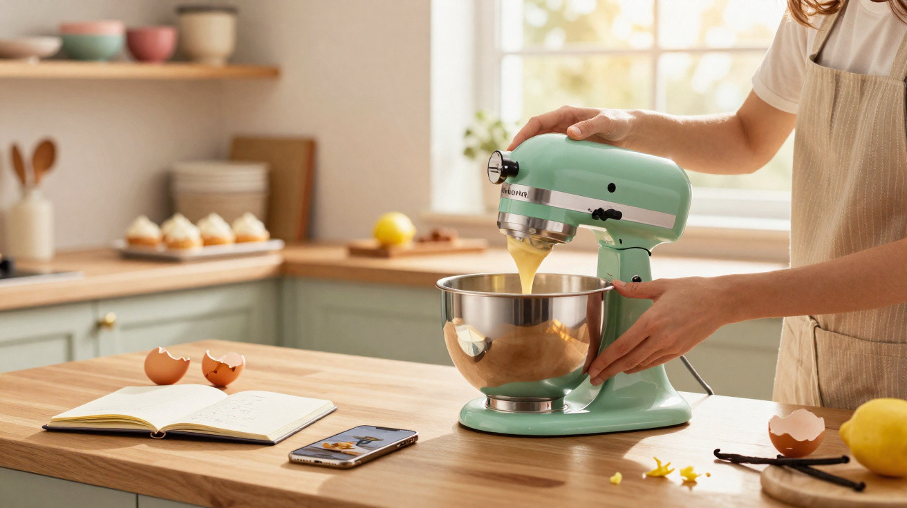 Pessoa a usar batedeira elétrica verde em cozinha enquanto segue receita no telemóvel.