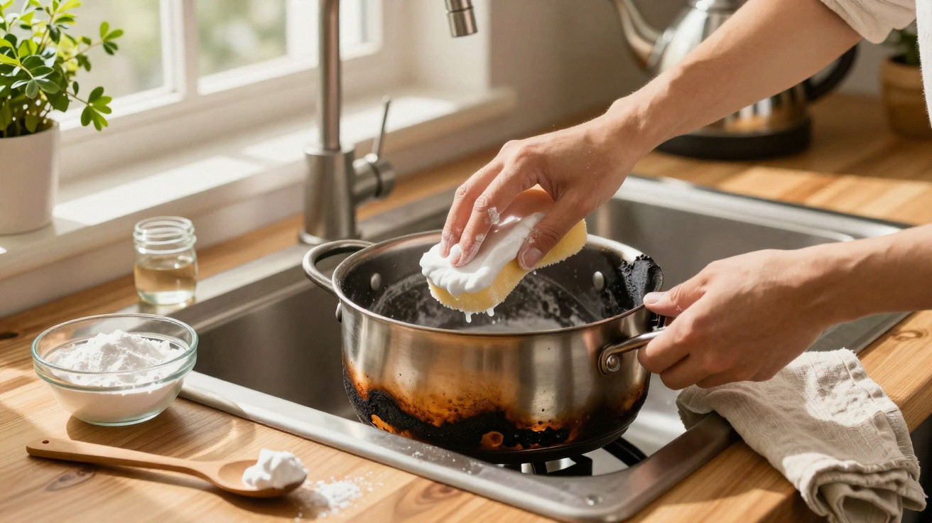 Pessoa a esfregar panela queimada com esponja na cozinha junto a pia e ingredientes.