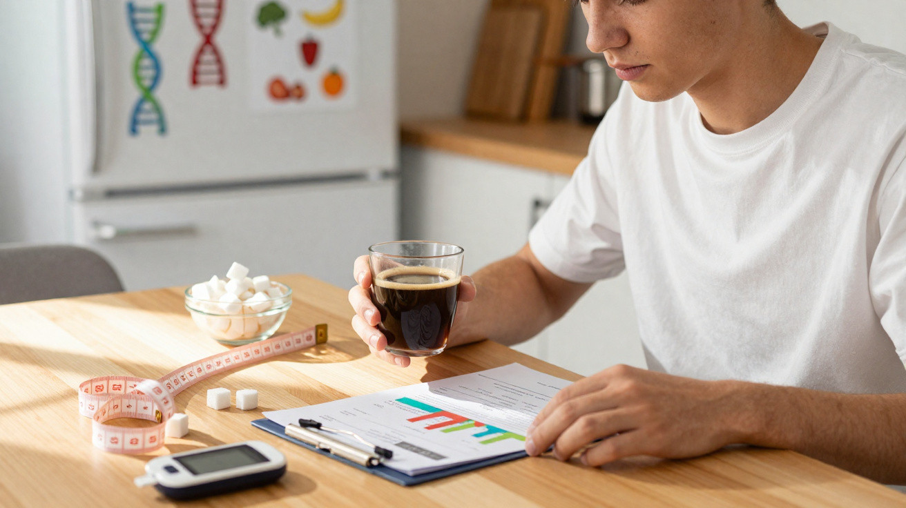 Homem a segurar chávena de café enquanto lê gráfico numa mesa com medidor de glicose e fita métrica.
