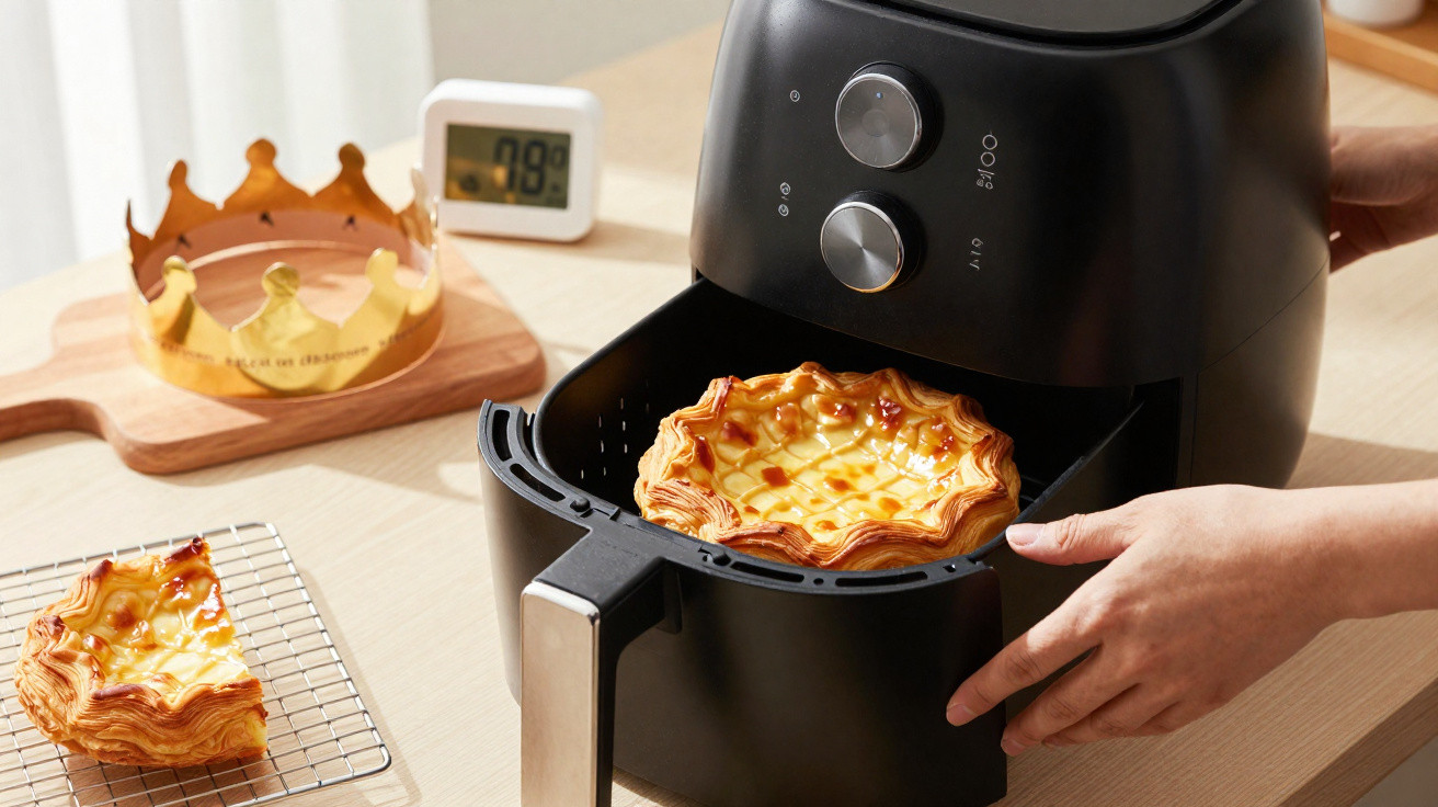 Mãos retiram pastel de nata decorativo quente de fritadeira elétrica preta numa cozinha.