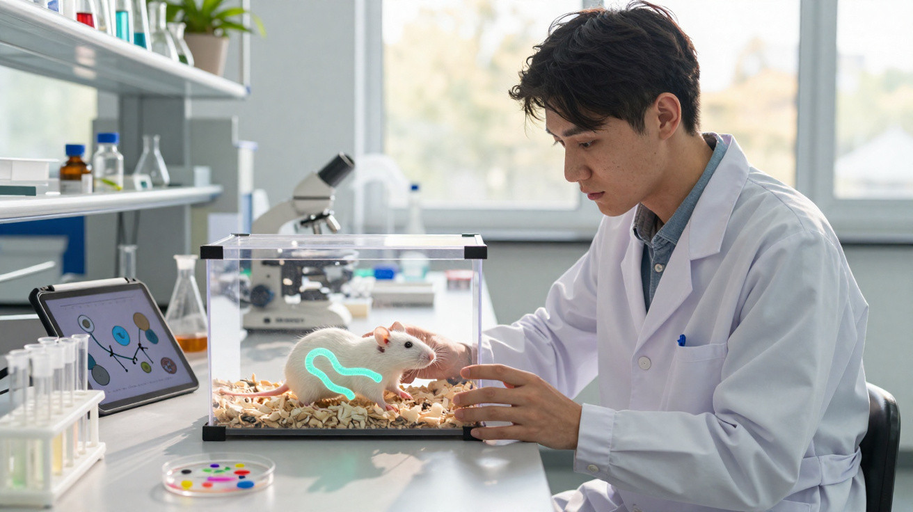 Cientista observa rato branco numa caixa transparente durante experimento num laboratório moderno.