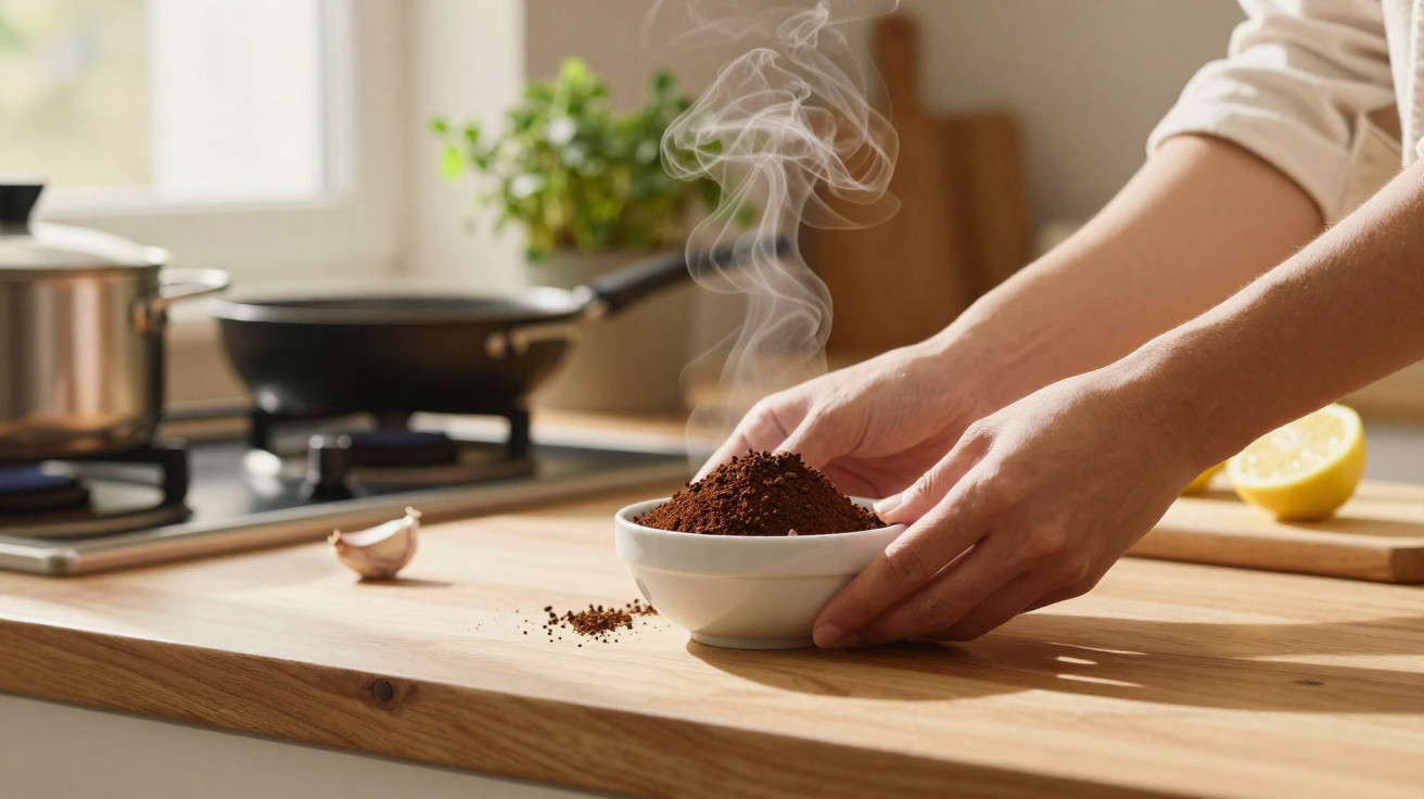 Mãos seguram um prato branco com café moído a fumegar numa cozinha luminosa e moderna.