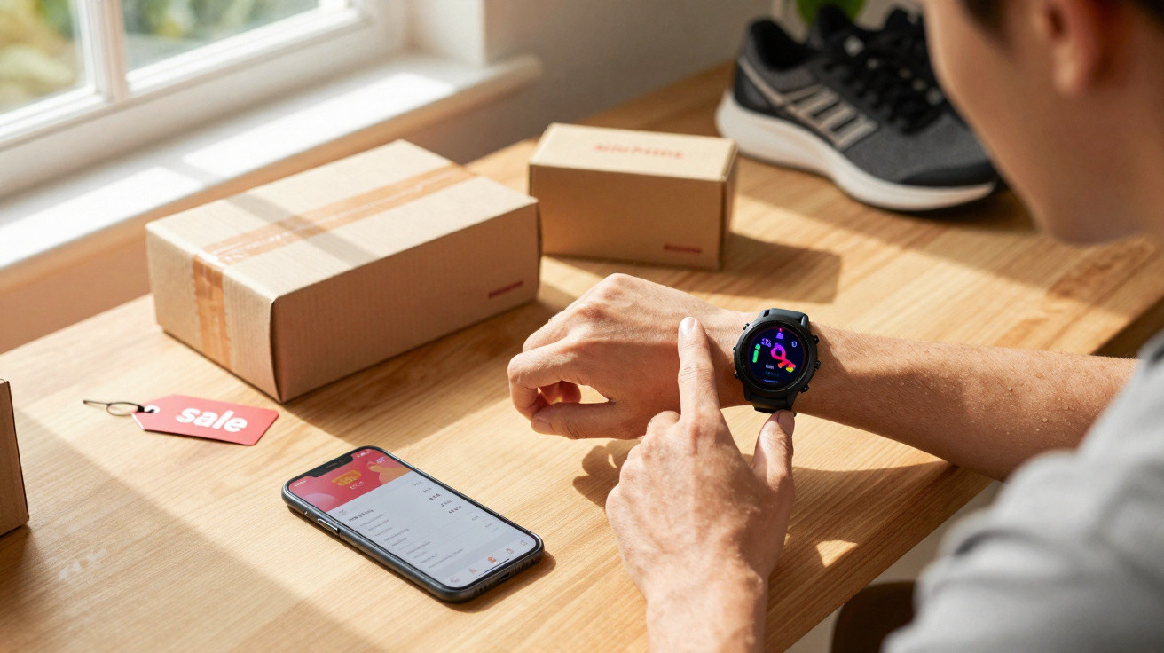 Pessoa consulta smartwatch enquanto telemóvel com app aberta está sobre mesa com caixas e sapatilhas ao fundo.