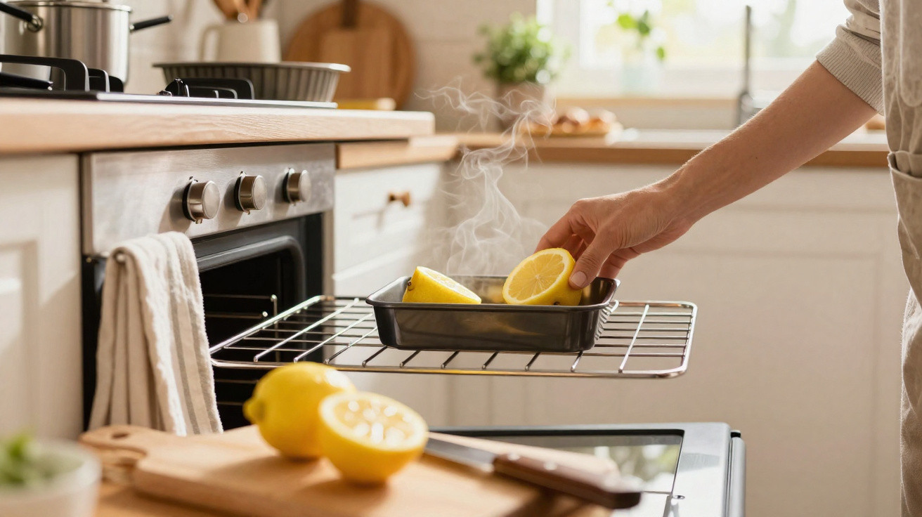 Mão a colocar limões num tabuleiro quente sobre o forno numa cozinha moderna e bem iluminada.