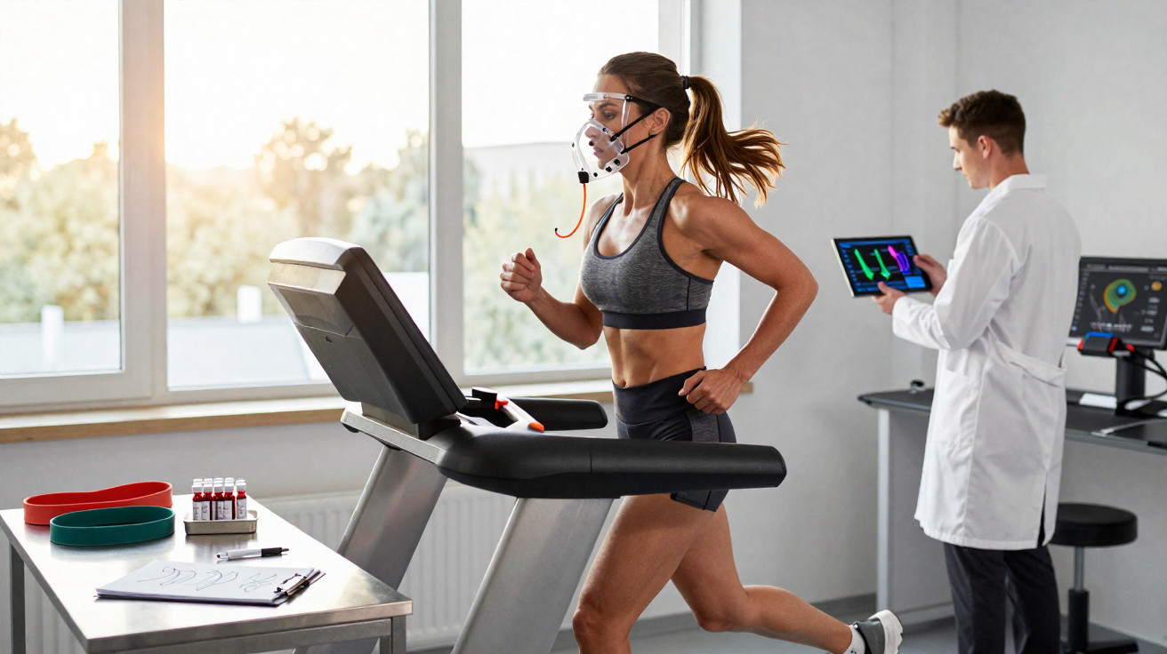 Mulher a correr na passadeira com máscara de teste de esforço, enquanto técnico observa resultados em tablet numa clínica.