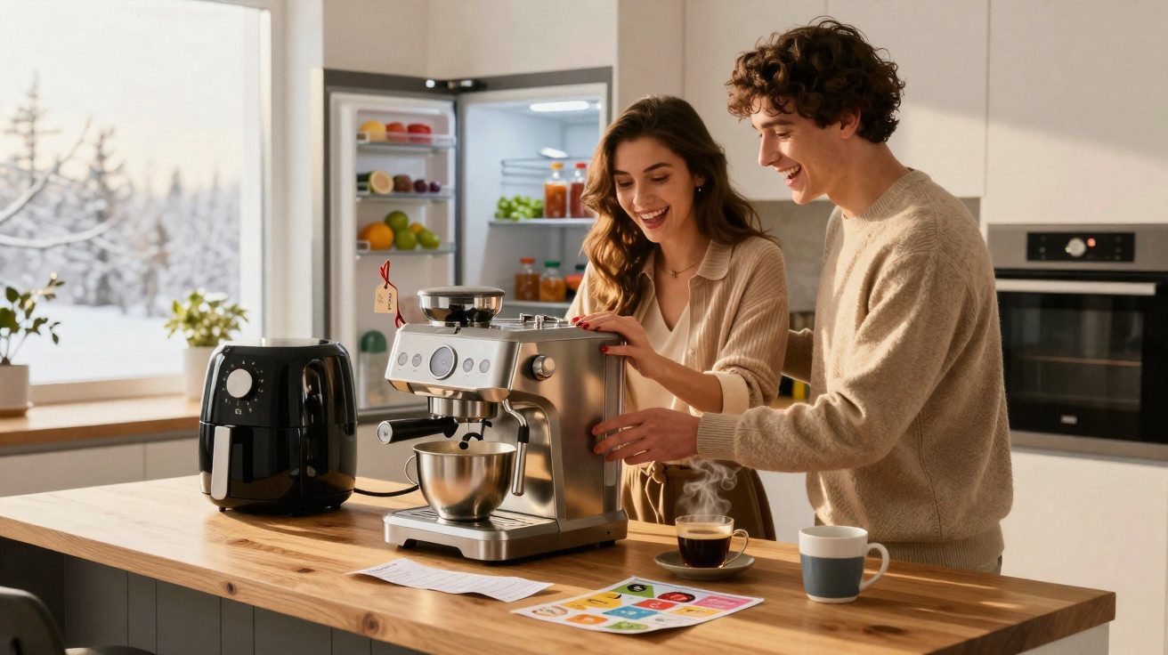 Casal jovem a preparar café numa cozinha moderna com máquina de café expresso e ar condicionado.
