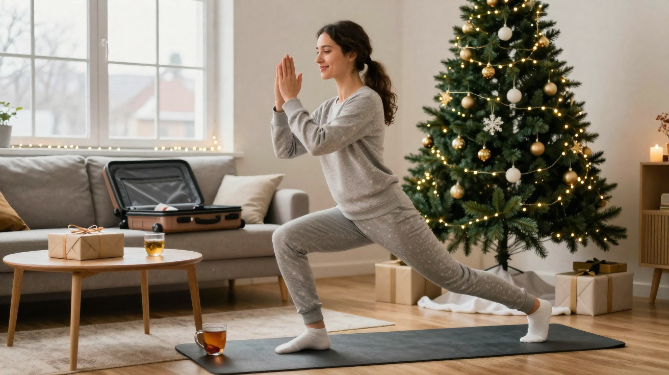 Mulher a fazer exercício de alongamento em casa decorada com árvore de Natal e presentes.