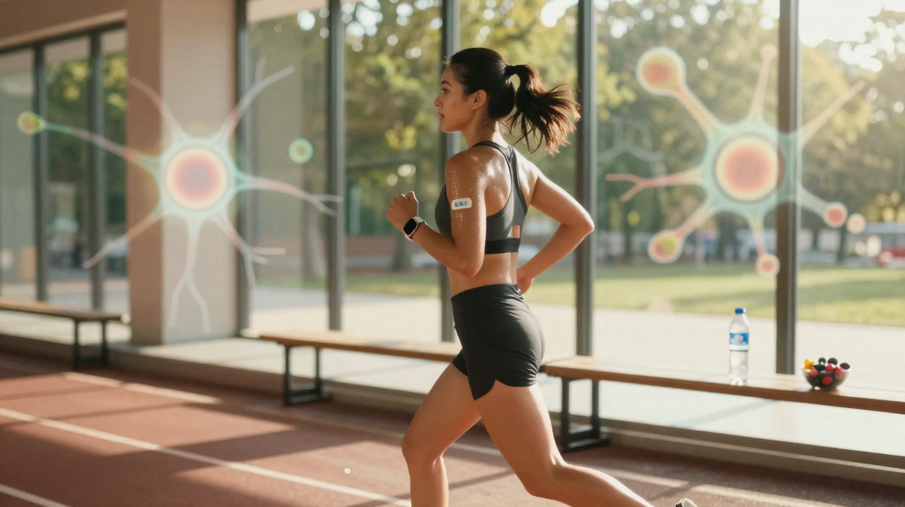Mulher a correr numa pista interior com adesivo no braço e sensores no pulso, luz natural a entrar pelas janelas grandes.