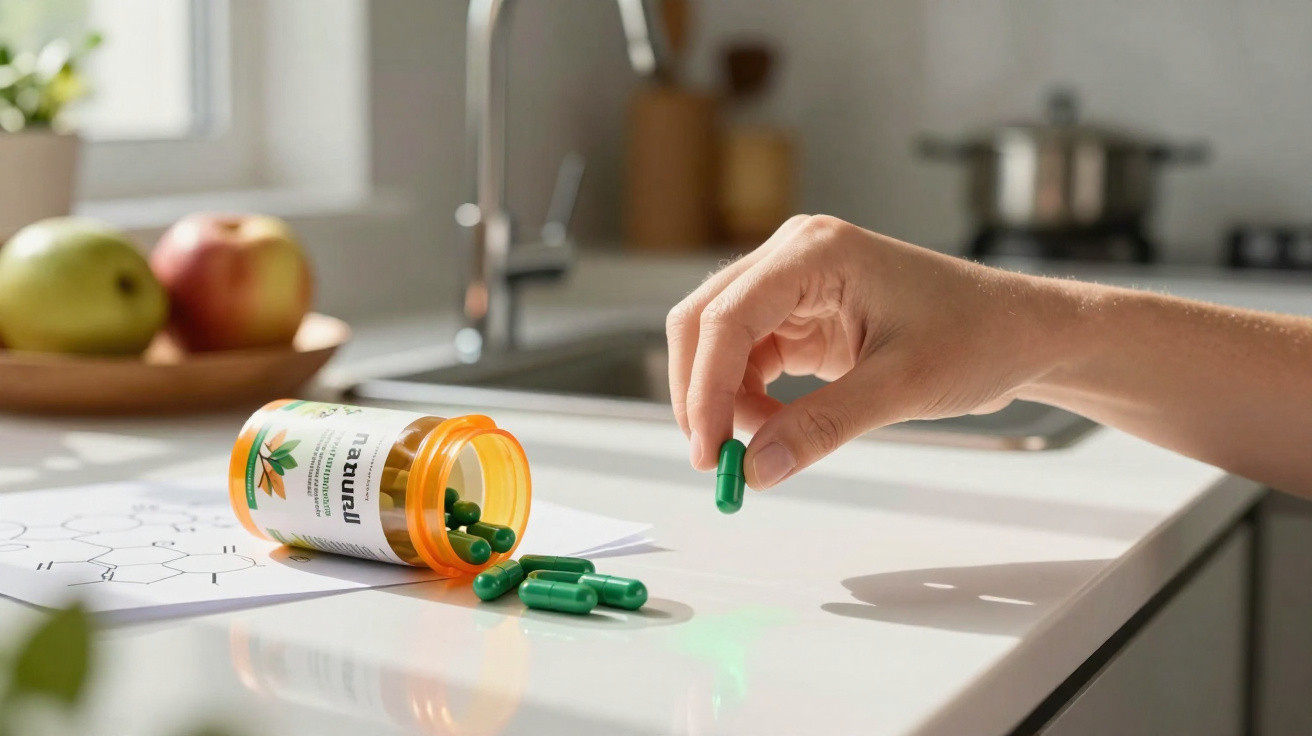 Mão a segurar cápsula verde perto de frasco aberto com cápsulas verdes na cozinha iluminada pela luz natural.