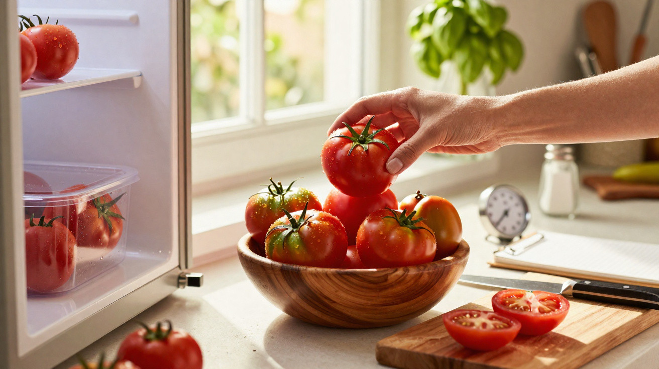 Mão a pegar tomate numa tigela de madeira, com tomates frescos, uma tábua de cortar e frigorífico aberto.