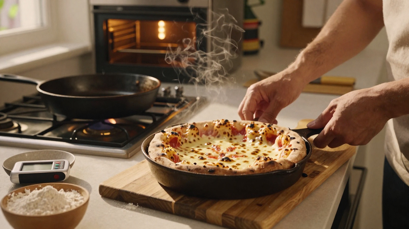 Pessoa a retirar pizza fumegante de queijo e tomate de frigideira no fogão da cozinha.