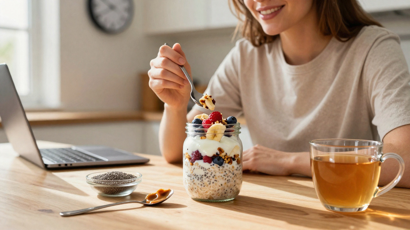 Mulher a comer iogurte com frutas e granola à mesa com chá e computador portátil ao fundo.