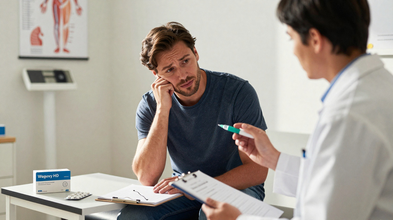 Homem a consultar médico numa clínica, com medicamentos e clipboard numa mesa à frente.