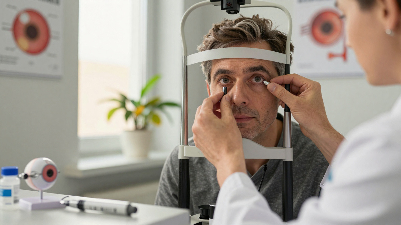 Paciente masculino a realizar exame oftalmológico com profissional de saúde num consultório.