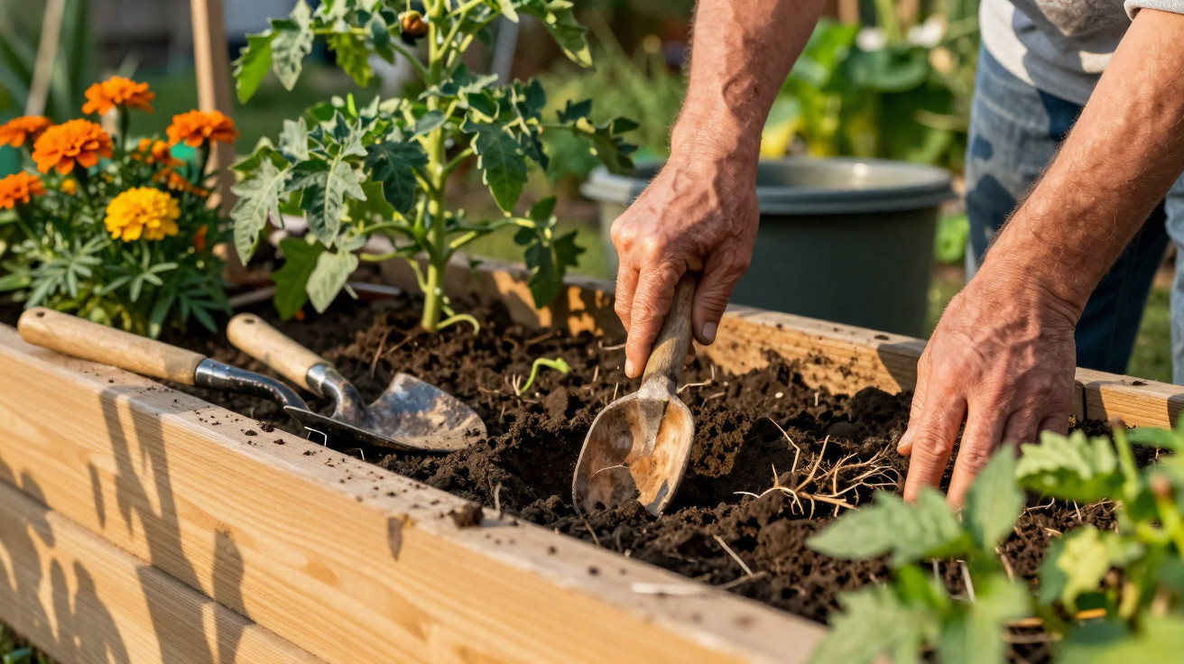 Mãos a cavar terra numa cama de madeira para plantar, com flores e plantas em vasos ao fundo.