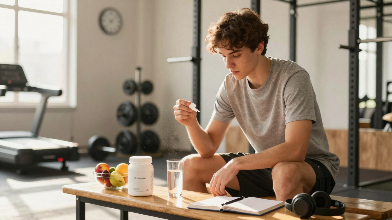 Jovem sentado num banco de ginásio a preparar suplemento em pó com água para tomar após exercício.