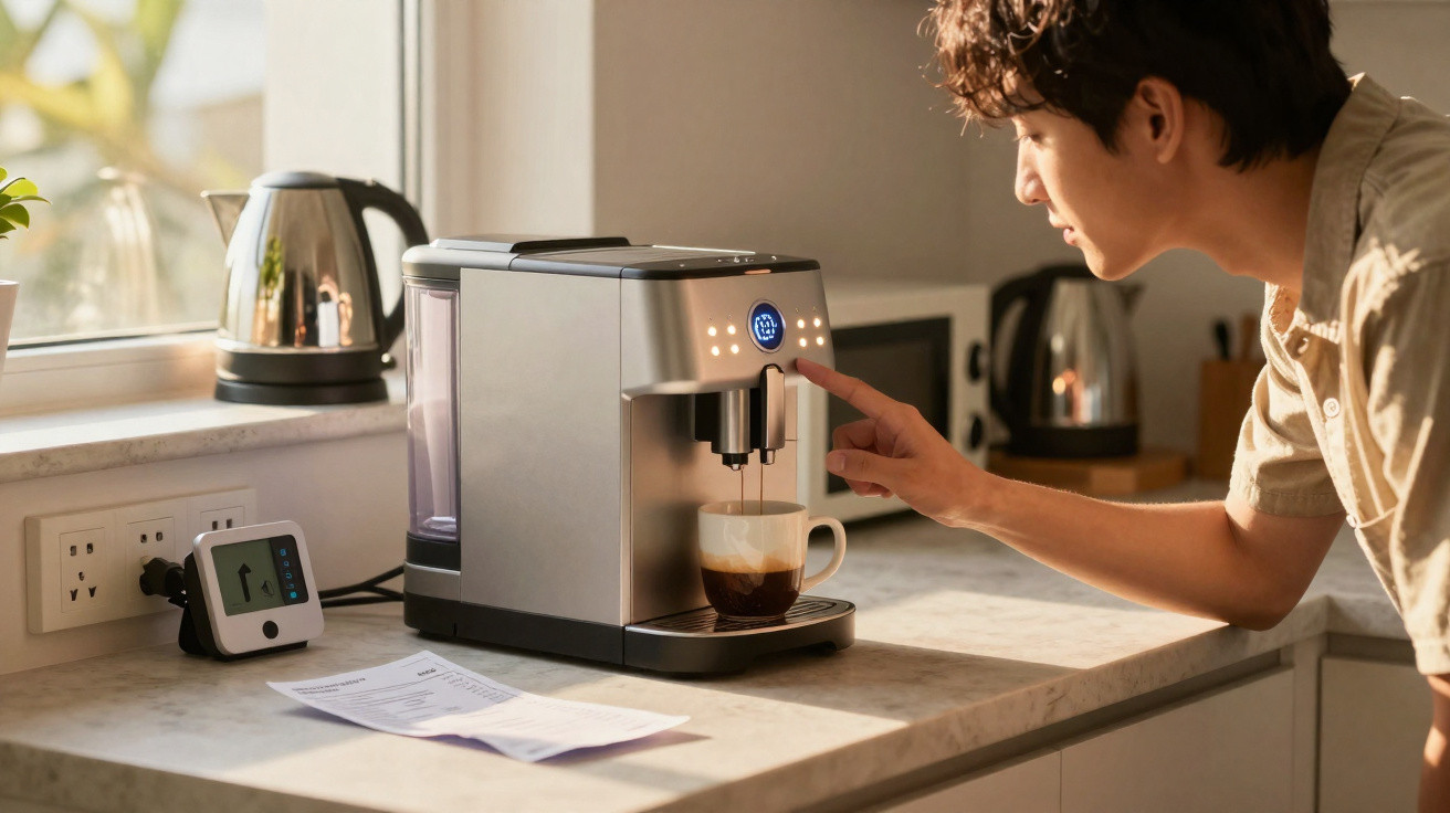 Pessoa a usar uma máquina de café automática moderna numa cozinha iluminada, preparando uma chávena de café.