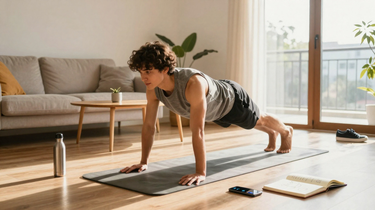 Pessoa jovem a fazer prancha na sala de estar com tapete de yoga, garrafa de água e telemóvel próximo.