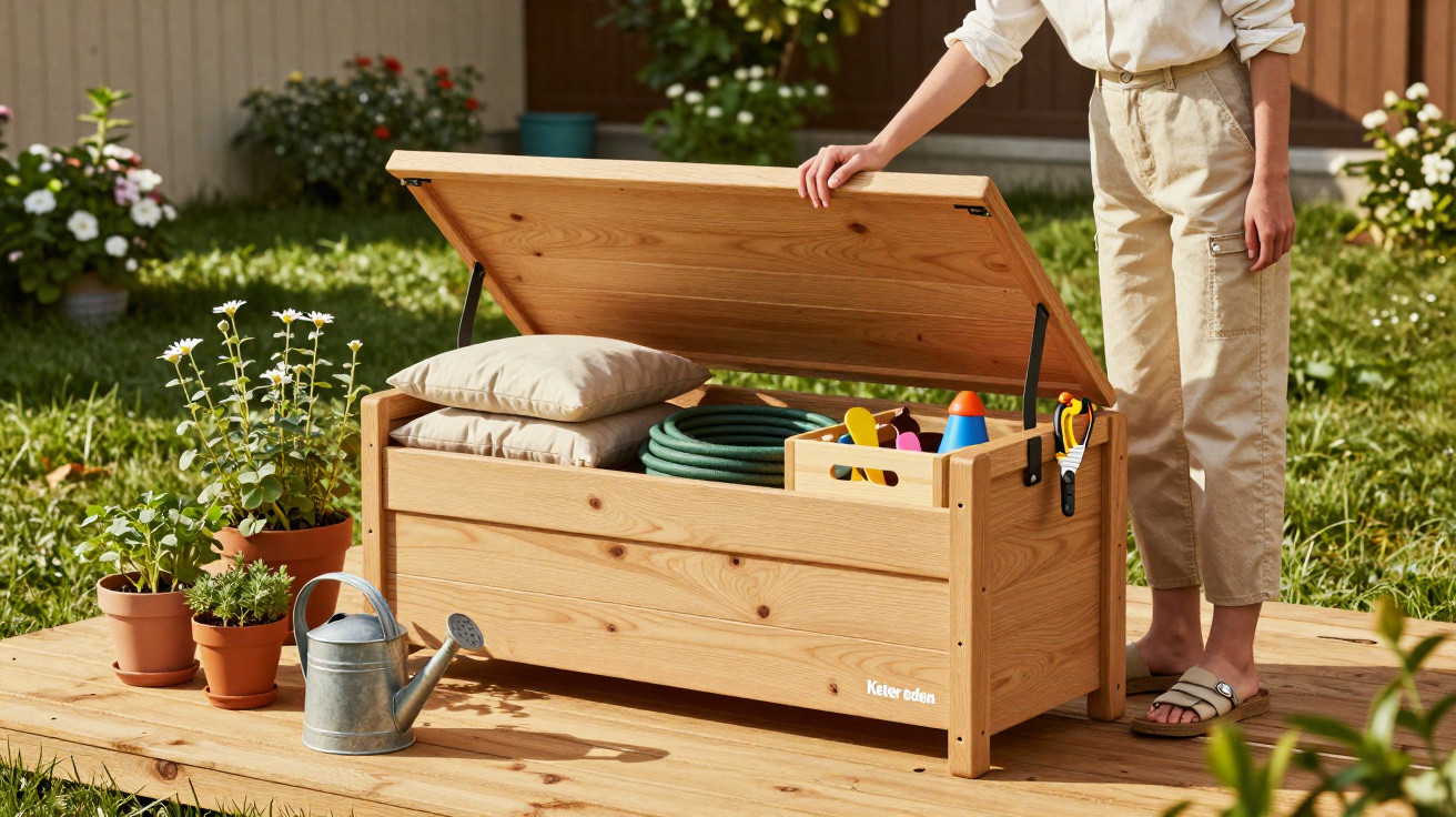 Caixa de madeira aberta com equipamentos de jardinagem e almofadas, ao lado de vasos com plantas.