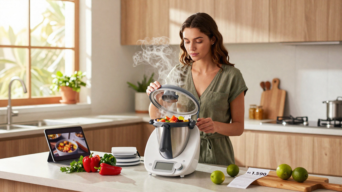 Mulher a cozinhar com robô de cozinha numa cozinha moderna, legumes frescos na bancada.