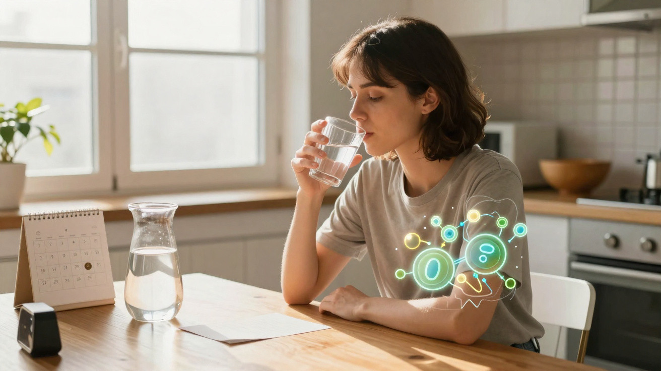 Mulher sentada a beber um copo de água na cozinha com ilustração digital de moléculas.