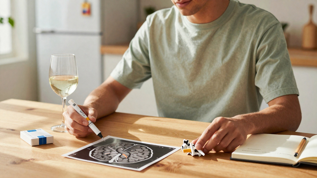 Pessoa a riscar um desenho do cérebro com uma caneta, com vidro de vinho, maços de cigarro e caderno na mesa.