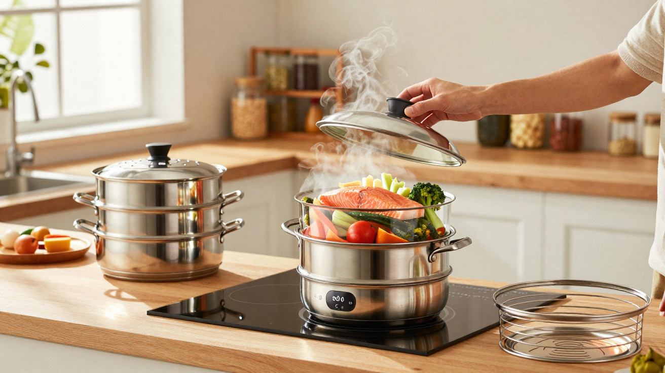Panela de cozedura a vapor em inox com legumes e salmão a cozinhar numa cozinha moderna.