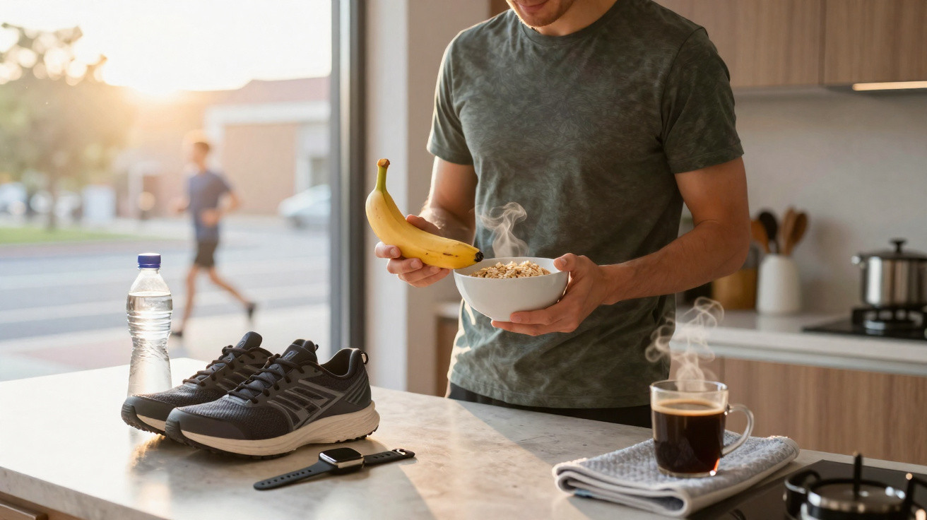Homem prepara pequeno-almoço com banana e aveia, com ténis, garrafa de água e relógio numa mesa de cozinha.