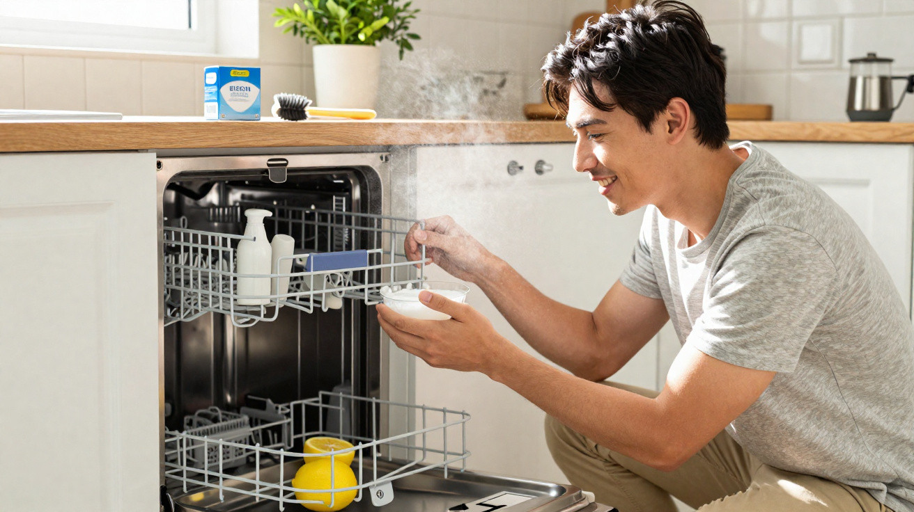 Homem sorridente a colocar detergente numa máquina de lavar loiça na cozinha iluminada.