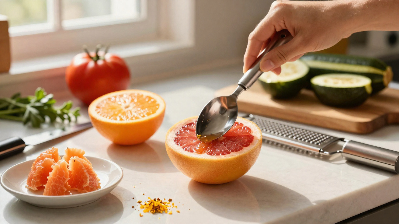 Pessoa a colher polpa de toranja com várias frutas cortadas numa bancada de cozinha iluminada.