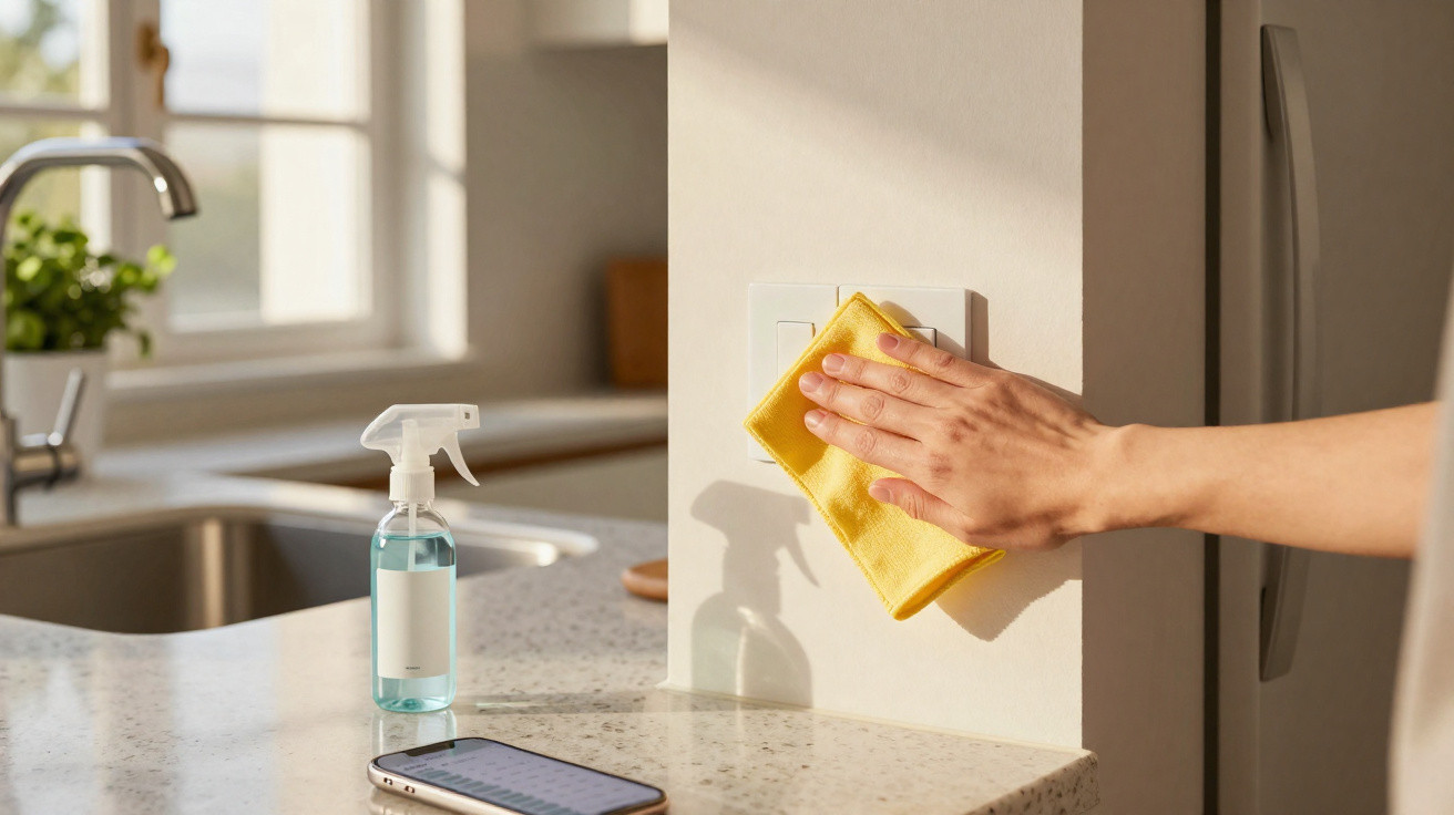 Mão a limpar interruptor de luz numa cozinha com pano amarelo, spray desinfetante e telemóvel na bancada.