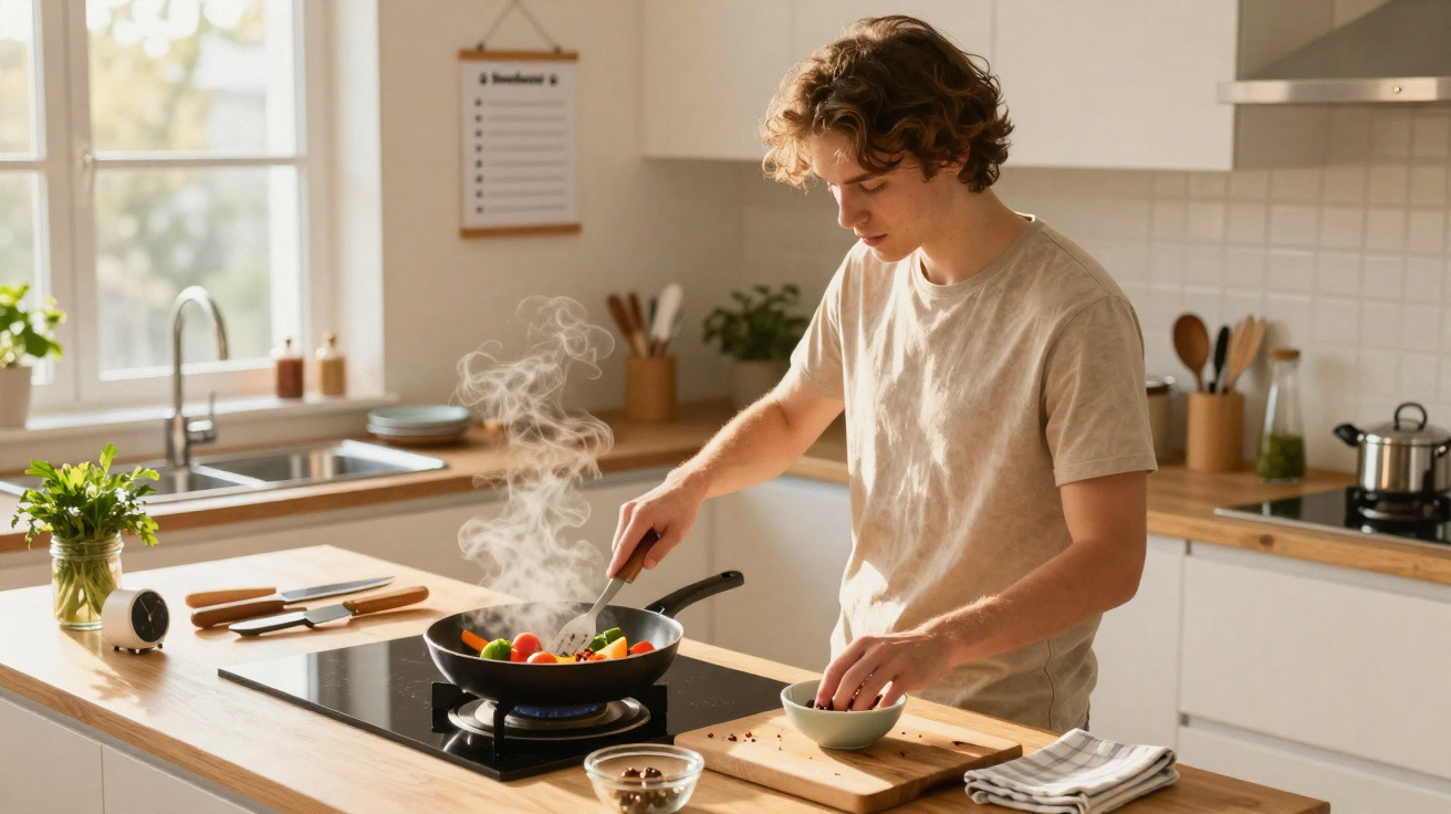Jovem a cozinhar legumes numa frigideira numa cozinha moderna e luminosa.