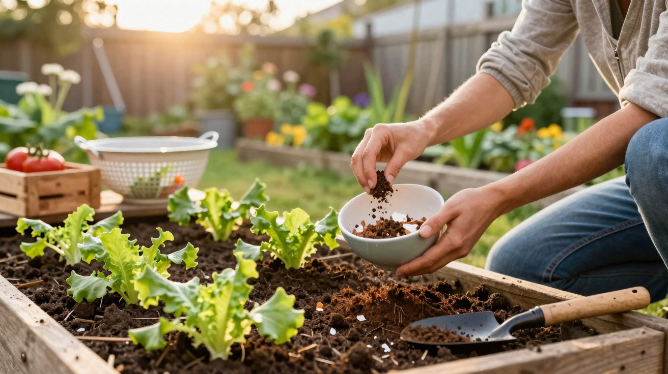 Pessoa a semear vegetais em canteiro com terra e plantas verdes num jardim ao pôr do sol.